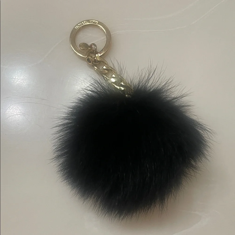 Michael Kors Black Fur Pom Keychain with Gold Ring